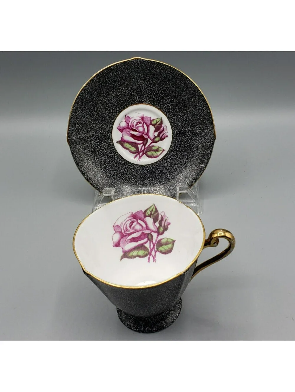 Vintage Roslyn Teacup & Saucer Fine Bone China Black Pink Tea Rose Elegant